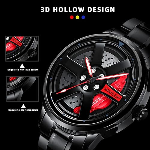 Car Wheel Watch, Stainless Steel Mens Wristwatch with Spinning Car Rim Hub Design, Japanese Quartz Movement, Water Resistant, Scratch Resistant Gifts for Car