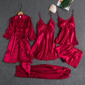 Luxurious 5-Piece Silk Pajama Set with Lace