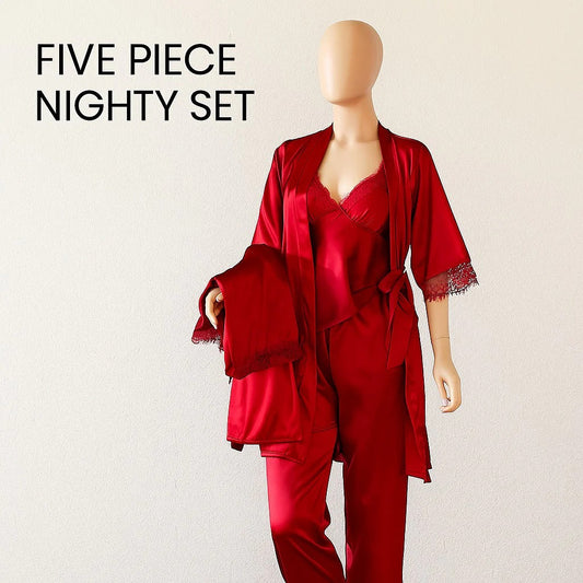 Luxurious 5-Piece Silk Pajama Set with Lace